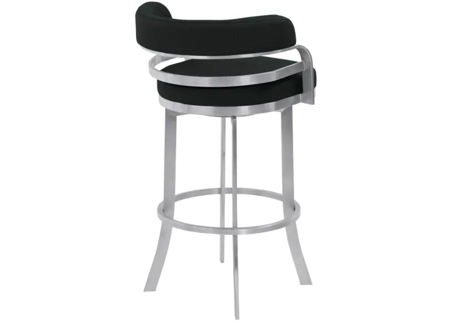 Prinz 30" Bar Height Swivel Black Faux Leather and Brushed Stainless Steel Bar Stool