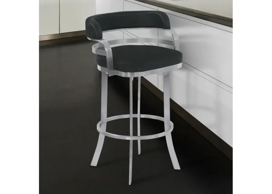 Prinz 30" Bar Height Swivel Black Faux Leather and Brushed Stainless Steel Bar Stool