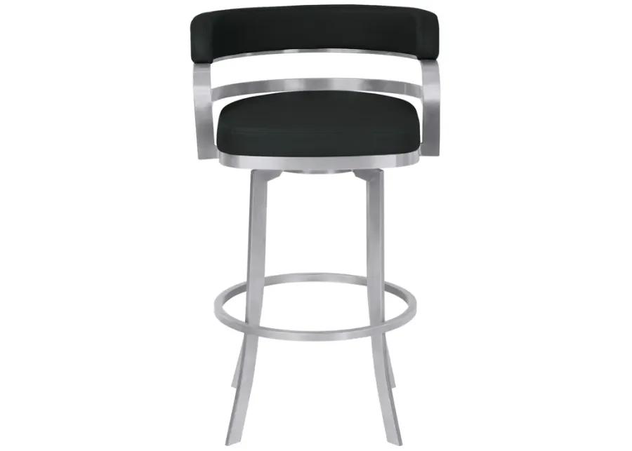 Prinz 30" Bar Height Swivel Black Faux Leather and Brushed Stainless Steel Bar Stool