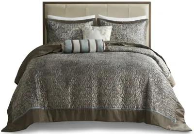 Madison Park Aubrey Blue/Brown 5 Piece Jacquard Bedspread Set with Throw Pillows