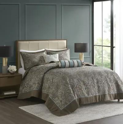 Madison Park Aubrey Blue/Brown 5 Piece Jacquard Bedspread Set with Throw Pillows