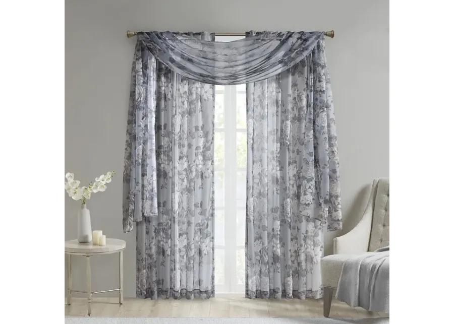 Madison Park Simone Grey Printed Floral Rod Pocket and Back Tab Voile Sheer Curtain