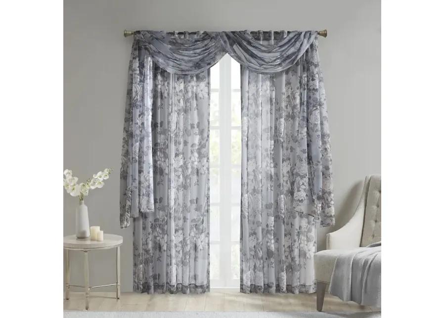 Madison Park Simone Grey Printed Floral Rod Pocket and Back Tab Voile Sheer Curtain