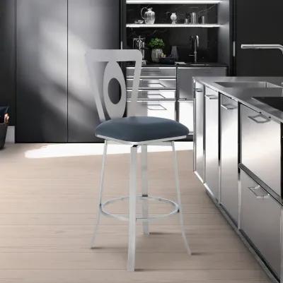 Lola Contemporary 30" Bar Height Barstool in Brushed Stainless Steel Finish and Gray Faux Leather