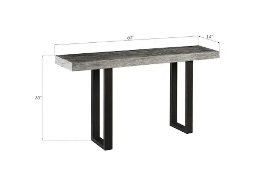 origins straight edge console table, metal u legs, gray stone finish