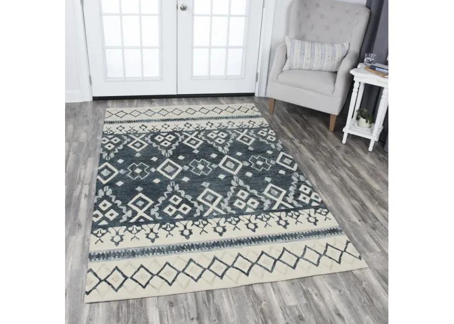 Opulent Gray/Dk.Blue Tribal Motif Wool 5' x 8' Rectangle Rug