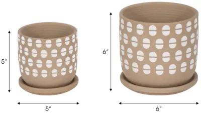 S/2 5/6" Hand Stamped Saucer Planters, Tan/white