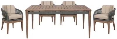 Orbit Outdoor Patio 5 Piece Dining Set in Weathered Eucalyptus Wood with Gray Rope and Taupe Olefin Cushions