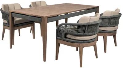 Orbit Outdoor Patio 5 Piece Dining Set in Weathered Eucalyptus Wood with Gray Rope and Taupe Olefin Cushions