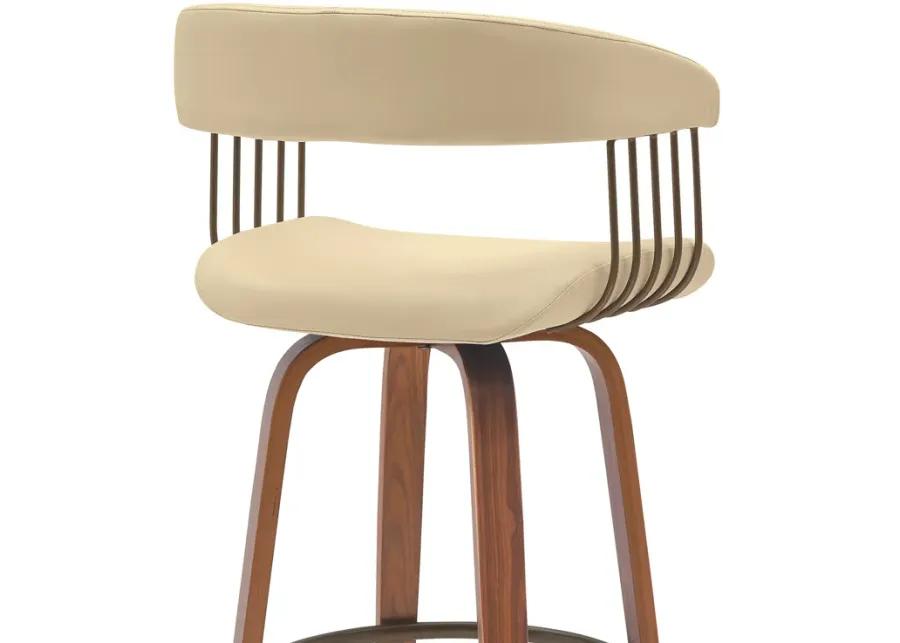 Topanga 26" Swivel Walnut Wood Counter Stool in Cream Faux Leather with Golden Bronze Metal