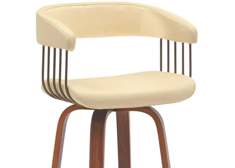 Topanga 26" Swivel Walnut Wood Counter Stool in Cream Faux Leather with Golden Bronze Metal