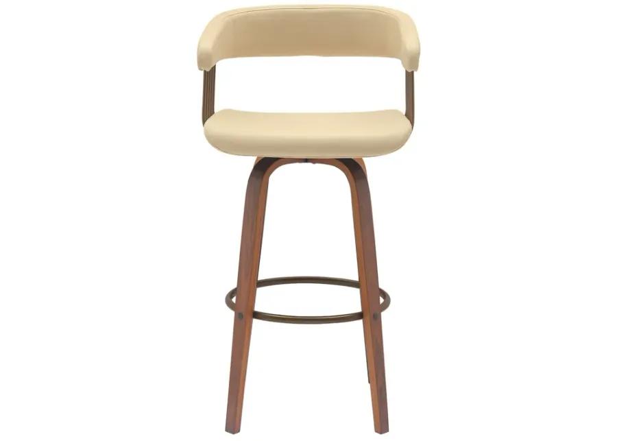 Topanga 26" Swivel Walnut Wood Counter Stool in Cream Faux Leather with Golden Bronze Metal