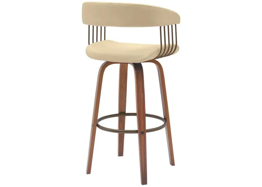 Topanga 26" Swivel Walnut Wood Counter Stool in Cream Faux Leather with Golden Bronze Metal