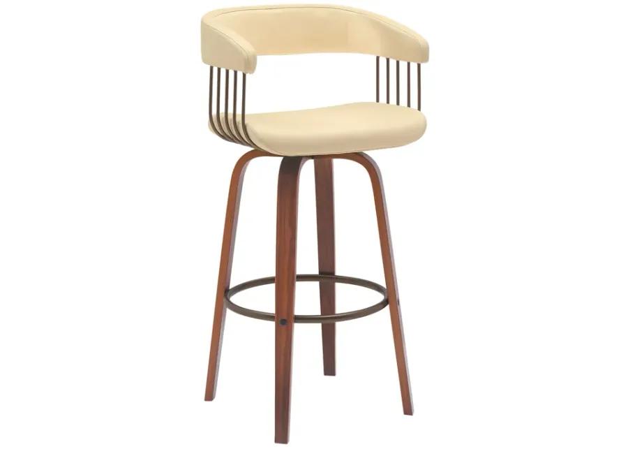 Topanga 26" Swivel Walnut Wood Counter Stool in Cream Faux Leather with Golden Bronze Metal