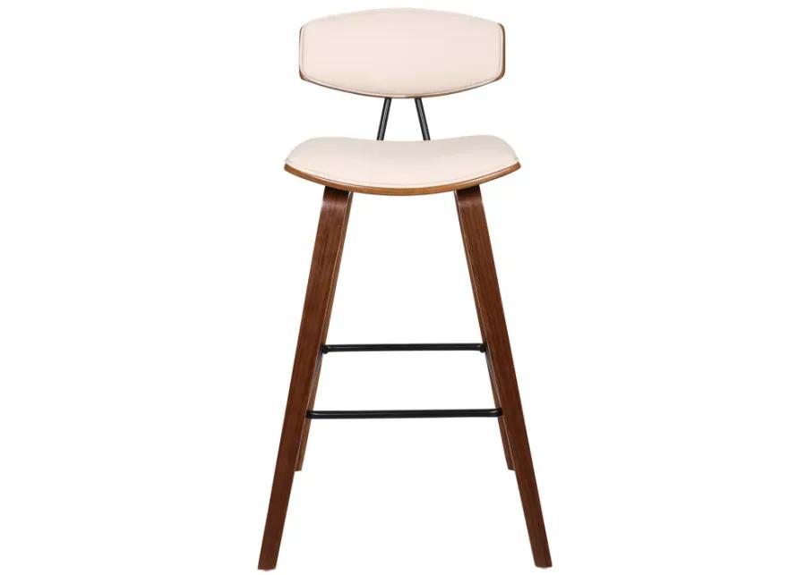 Fox 28.5" Bar Height Cream Faux Leather and Walnut Wood Mid-Century Modern Bar Stool