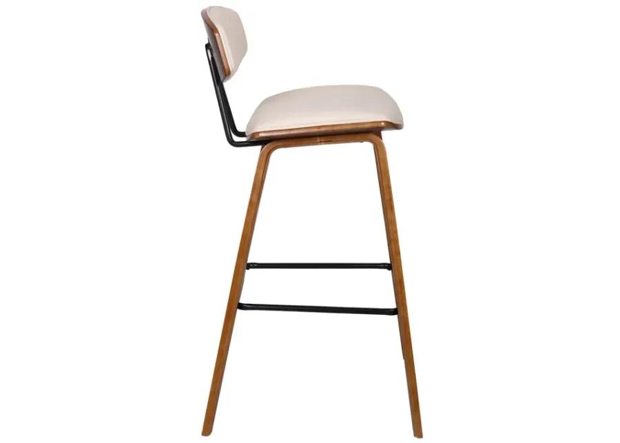 Fox 28.5" Bar Height Cream Faux Leather and Walnut Wood Mid-Century Modern Bar Stool