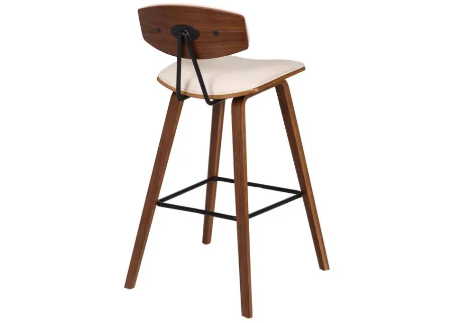 Fox 28.5" Bar Height Cream Faux Leather and Walnut Wood Mid-Century Modern Bar Stool