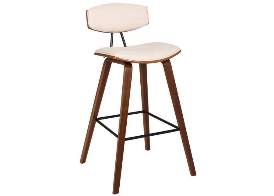 Fox 28.5" Bar Height Cream Faux Leather and Walnut Wood Mid-Century Modern Bar Stool