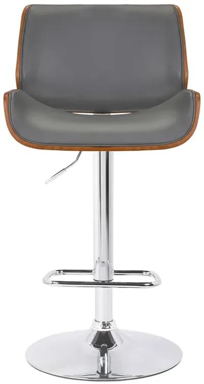 London Grey Faux Leather Adjustable Height Swivel Walnut Wood and Chrome Bar Stool