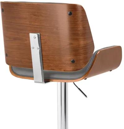 London Grey Faux Leather Adjustable Height Swivel Walnut Wood and Chrome Bar Stool