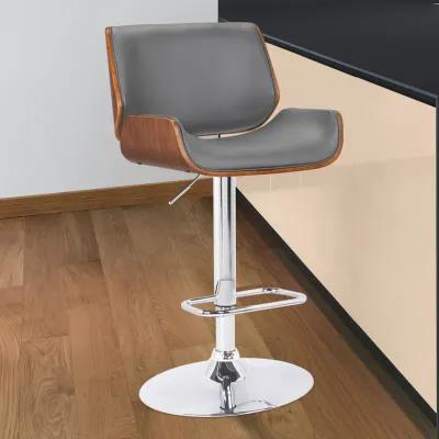 London Grey Faux Leather Adjustable Height Swivel Walnut Wood and Chrome Bar Stool