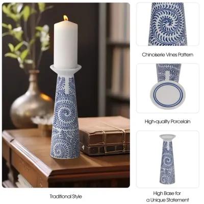 Porc, 12" Chinoiserie Vines Candle Holder, Blue/wh