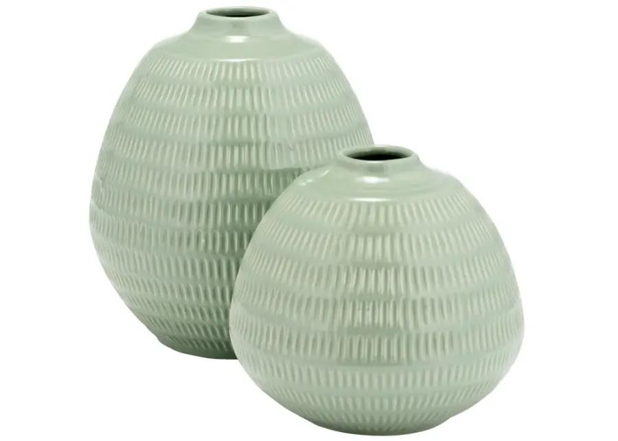 Cer,7",stripe Oval Vase,dark Sage