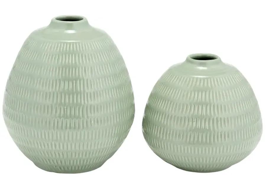 Cer,7",stripe Oval Vase,dark Sage