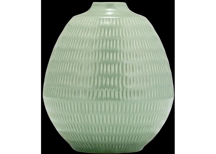 Cer,7",stripe Oval Vase,dark Sage