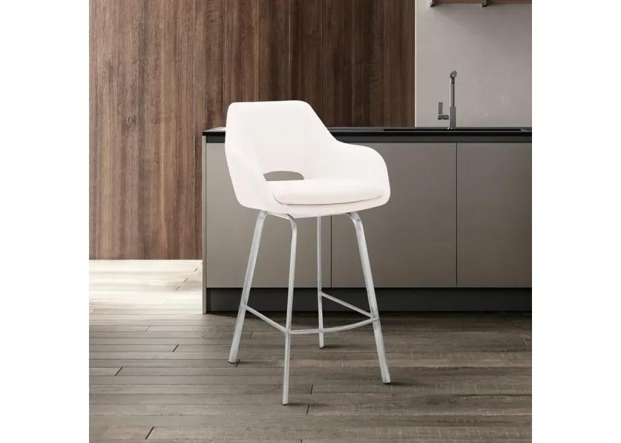 Aura White Faux Leather and Brushed Stainless Steel Swivel 26" Counter Stool