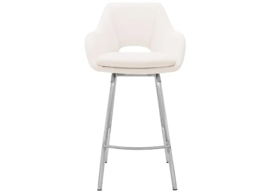 Aura White Faux Leather and Brushed Stainless Steel Swivel 26" Counter Stool