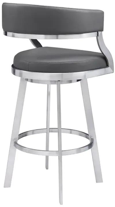 Saturn 26" Counter Height Swivel Grey Faux Leather and Brushed Stainless Steel Bar Stool