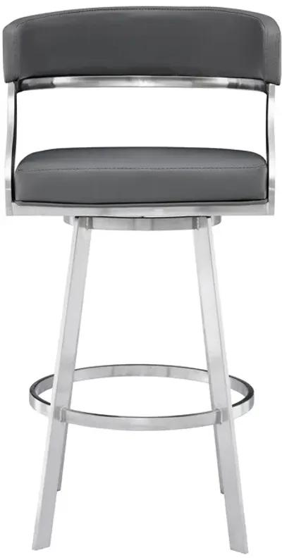 Saturn 26" Counter Height Swivel Grey Faux Leather and Brushed Stainless Steel Bar Stool