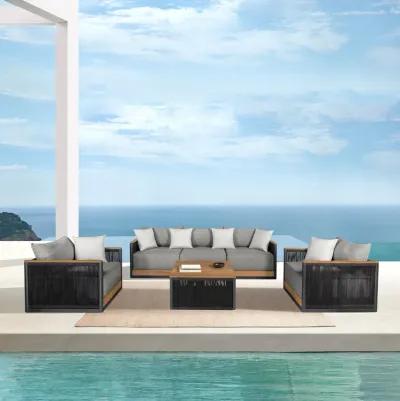 Artesia Outdoor Patio Sofa in Teak Wood and Black Rope with Dark Gray Olefin Cushions