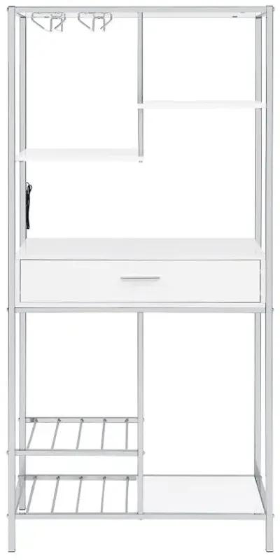 Figueroa 5-shelf Wine Cabinet with Storage Drawer White High Gloss and Chrome