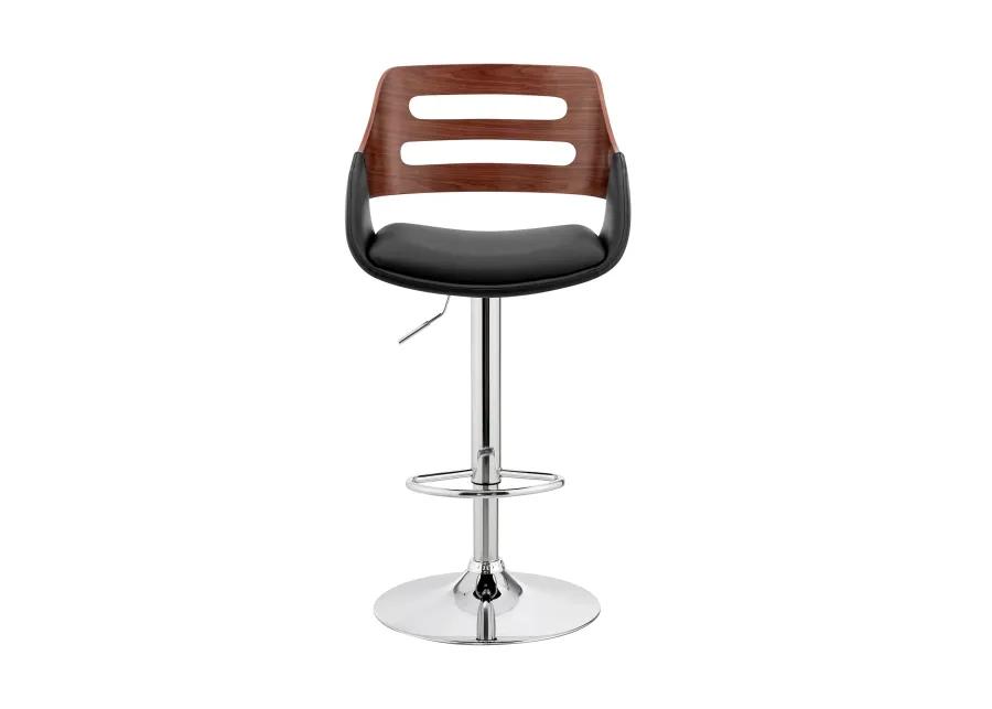 Karter Adjustable Black Faux Leather and Walnut Wood Bar Stool with Chrome Base