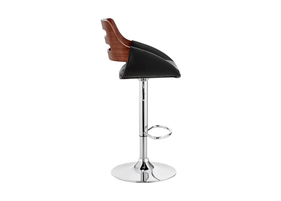 Karter Adjustable Black Faux Leather and Walnut Wood Bar Stool with Chrome Base