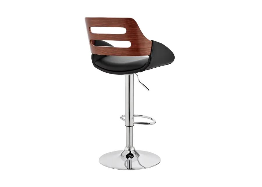 Karter Adjustable Black Faux Leather and Walnut Wood Bar Stool with Chrome Base