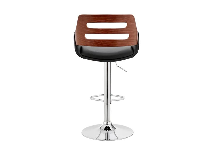 Karter Adjustable Black Faux Leather and Walnut Wood Bar Stool with Chrome Base