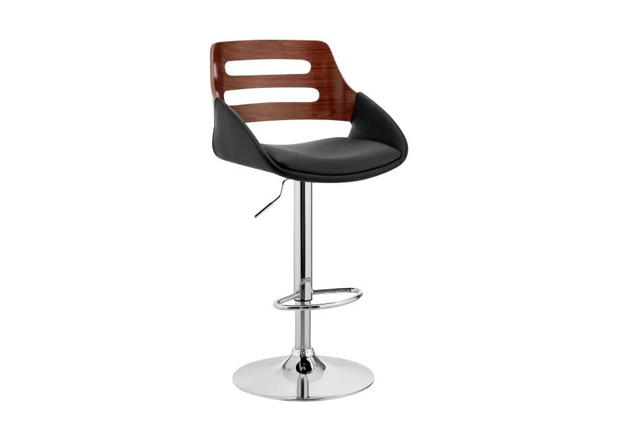 Karter Adjustable Black Faux Leather and Walnut Wood Bar Stool with Chrome Base