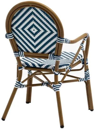 Orla Stacking Armchair in Blue/White Polyethylene Rattan with Light Brown Powder Coated Frame - Set of 2