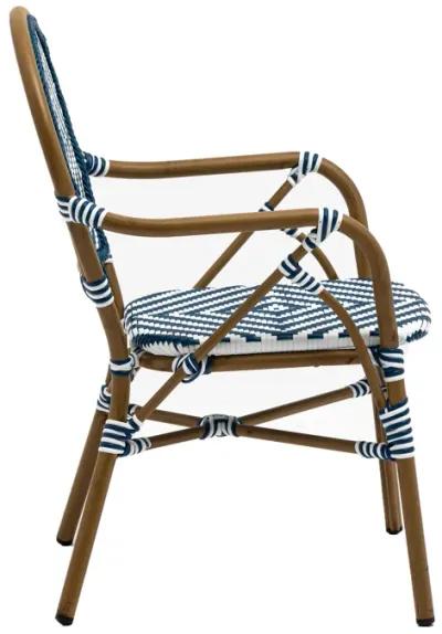 Orla Stacking Armchair in Blue/White Polyethylene Rattan with Light Brown Powder Coated Frame - Set of 2