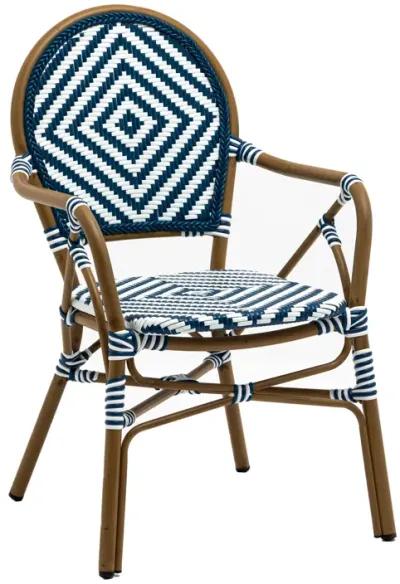 Orla Stacking Armchair in Blue/White Polyethylene Rattan with Light Brown Powder Coated Frame - Set of 2