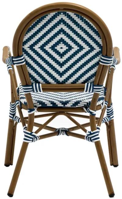 Orla Stacking Armchair in Blue/White Polyethylene Rattan with Light Brown Powder Coated Frame - Set of 2