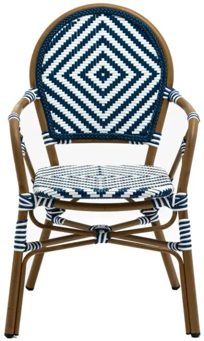 Orla Stacking Armchair in Blue/White Polyethylene Rattan with Light Brown Powder Coated Frame - Set of 2