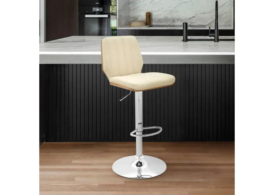 Sabine Adjustable Swivel Cream Faux Leather with Walnut Back and Chrome Bar Stool