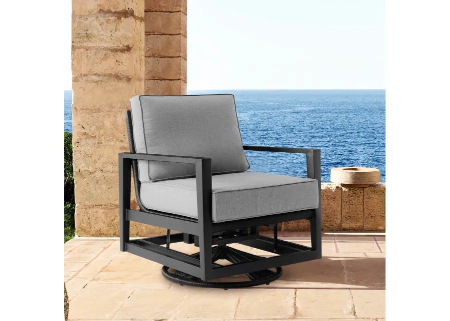 Cayman Black Aluminum Outdoor Swivel Glider Chair with Dark Gray Cushions