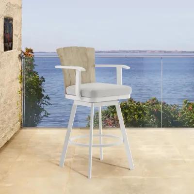 Hazel Outdoor Patio Swivel Counter Stool in Aluminum with Teak Wood and Argent Gray Cushion