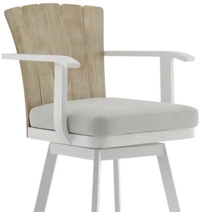 Hazel Outdoor Patio Swivel Counter Stool in Aluminum with Teak Wood and Argent Gray Cushion