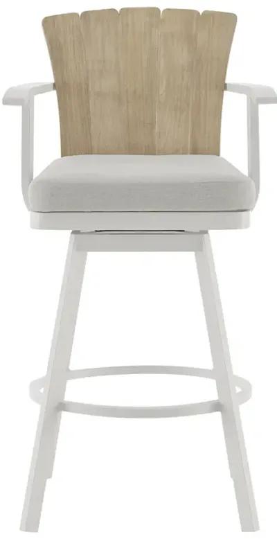 Hazel Outdoor Patio Swivel Counter Stool in Aluminum with Teak Wood and Argent Gray Cushion